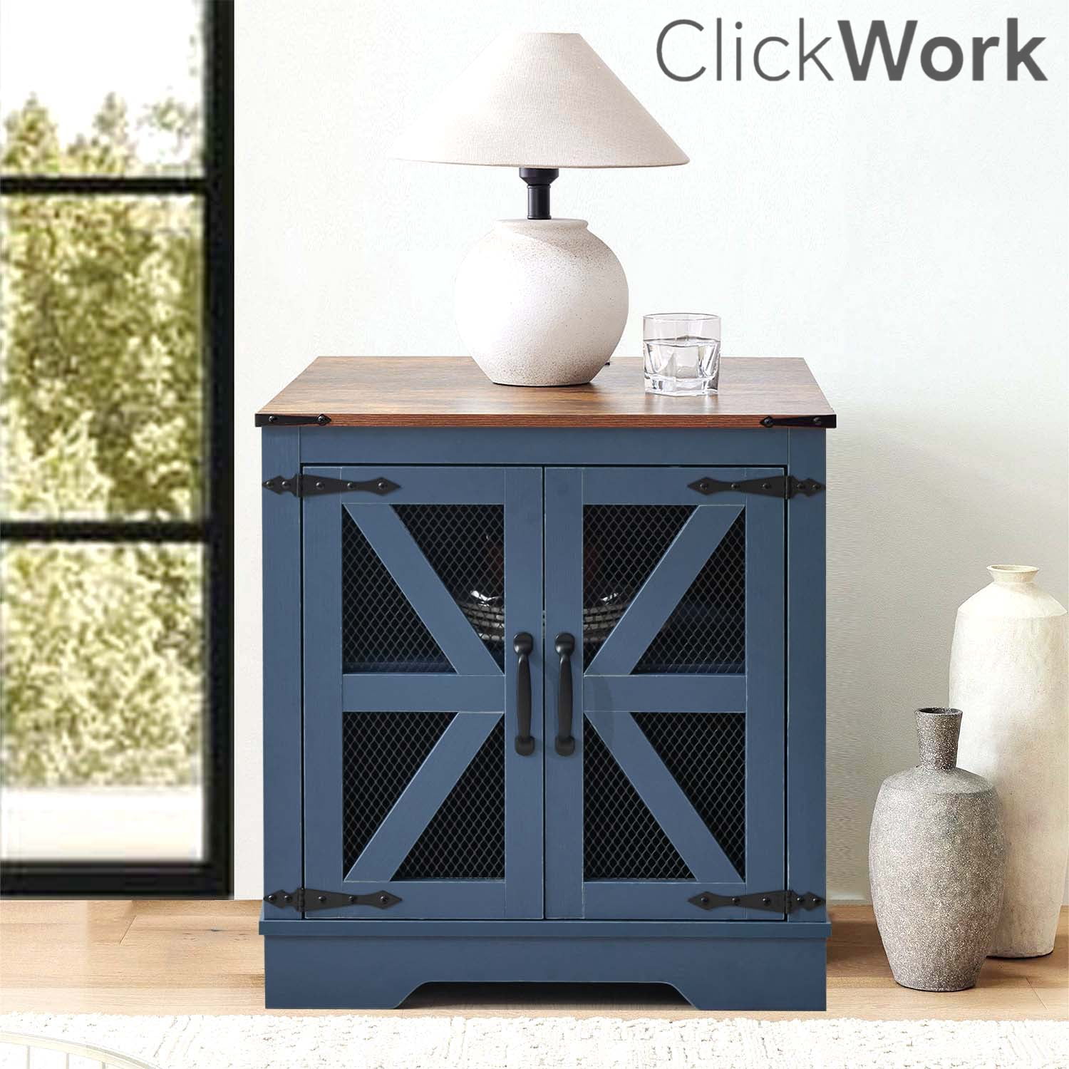 Farmhouse End Table with Charging Station, Nightstand with 2 Outlets & 2 USB Ports, Vintage Industrial Side Table,Blue