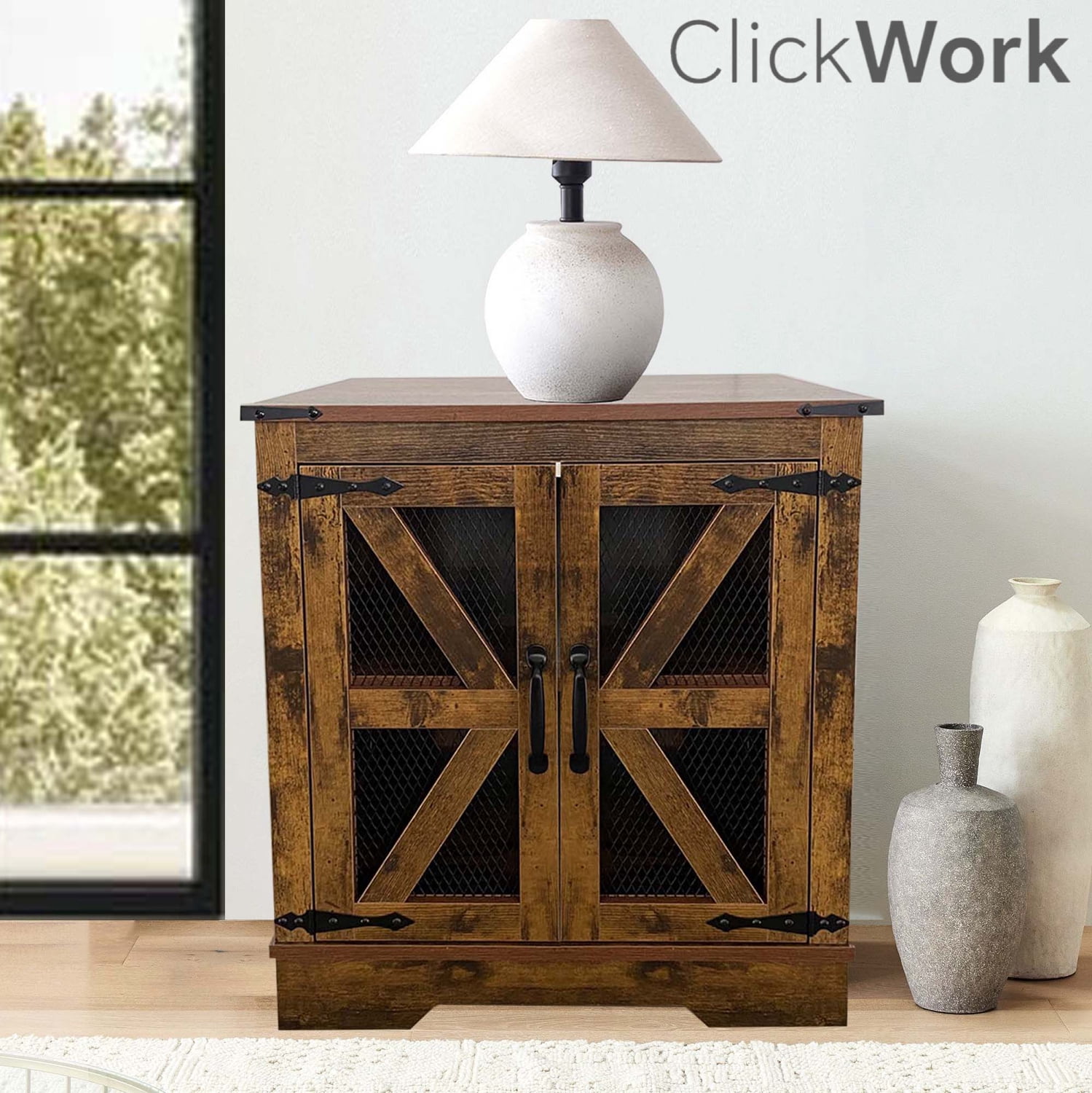 Farmhouse End Table with Charging Station, Nightstand with 2 Outlets & 2 USB Ports, Vintage Industrial Side Table,Brown