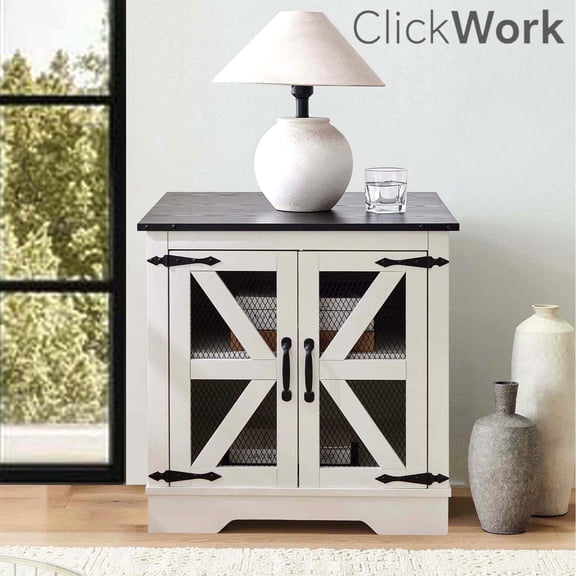 Farmhouse End Table with Charging Station, Nightstand with 2 Outlets & 2 USB Ports, Vintage Industrial Side Table,White