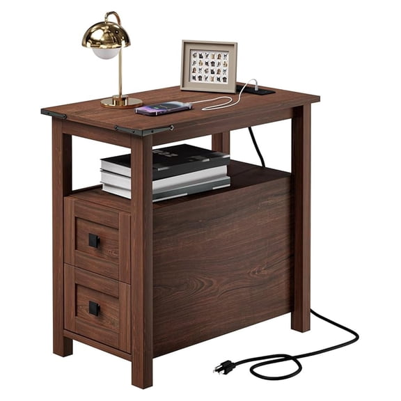 Farmhouse End Table with Charging Station, Nightstand with Drawers, Rustic Side Table