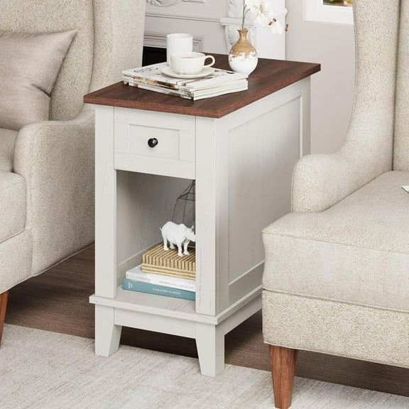 Farmhouse End Table with Charging Station & Storage - White + Brown, 23.6" x 14" x 24"