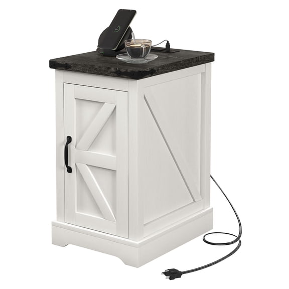 Farmhouse End Table with Storage & Charging Station, Distressed White Side Table for Living Room, Rustic Sofa Table with USB Ports & Outlets