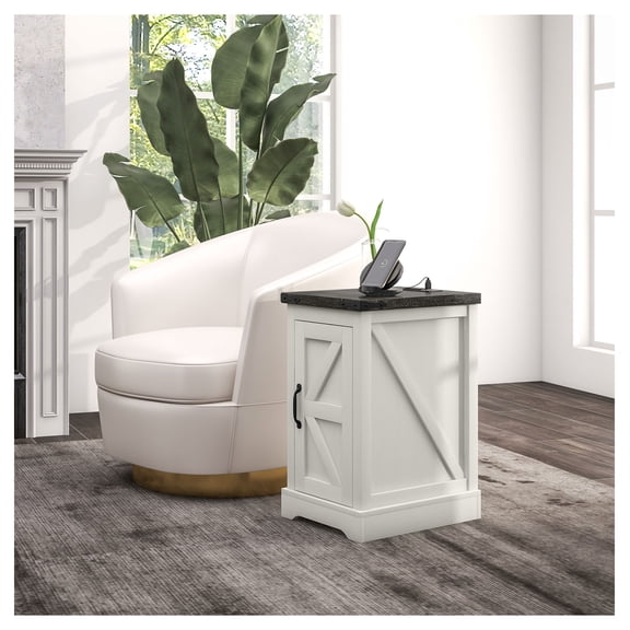 Farmhouse End Table with Storage & Charging Station, Distressed White Side Table for Living Room, USB Ports, Barn Door Accent Table