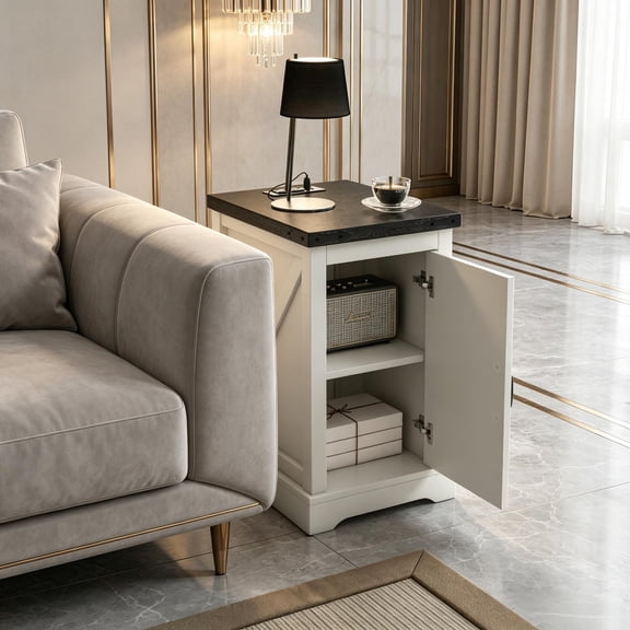 Farmhouse End Table with Storage & Power Hub - White Particle Board Sofa Side Table, 14.2"W x 17.3"D x 25.2"H - Anti-Tip Design