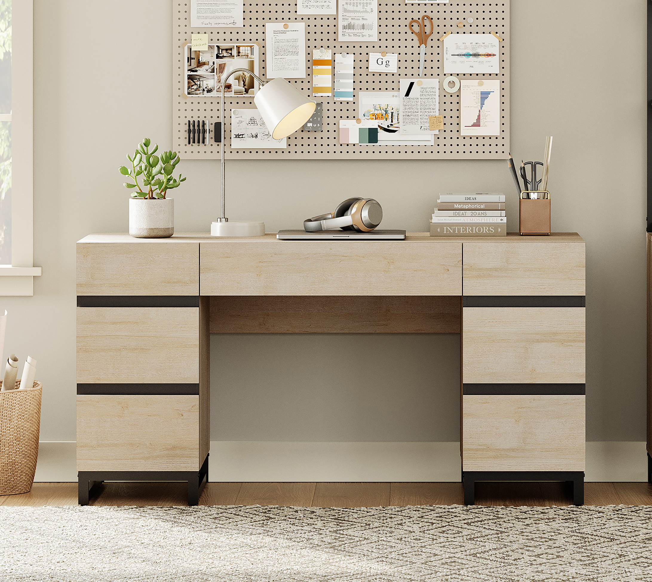 59" Modern Executive Desk with 7 Drawers, Wood Computer Desk with Built-in Charging Station,Rustic Beige Study Table for Home Office, Bedroom & Living Room