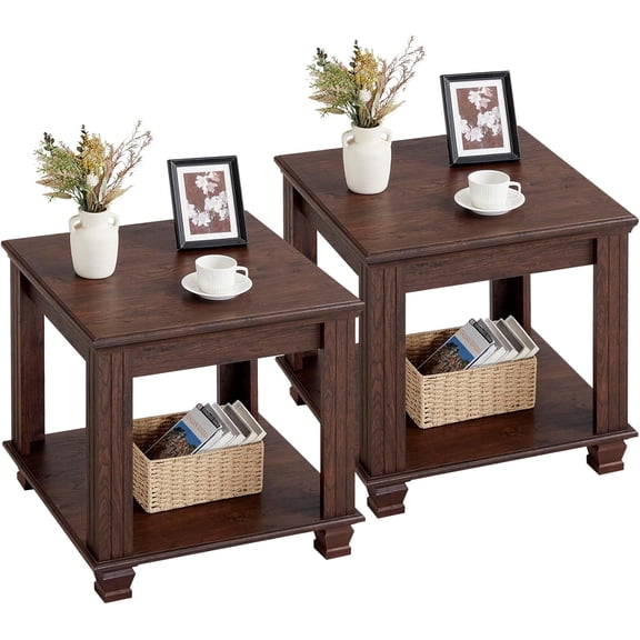 Farmhouse End Tables Set of 2 for Living Room, Walnut | Large Square Side Tables Set of 2 with 2-Tier Storage Shelf & Thickened Tabletop & Square Wooden Legs