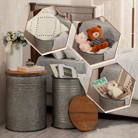 Farmhouse End Tables Set of 2, Galvanized Metal Decor Side Table with Wood Lid, Coffee Table Storage Stool for Living Room (Grey)