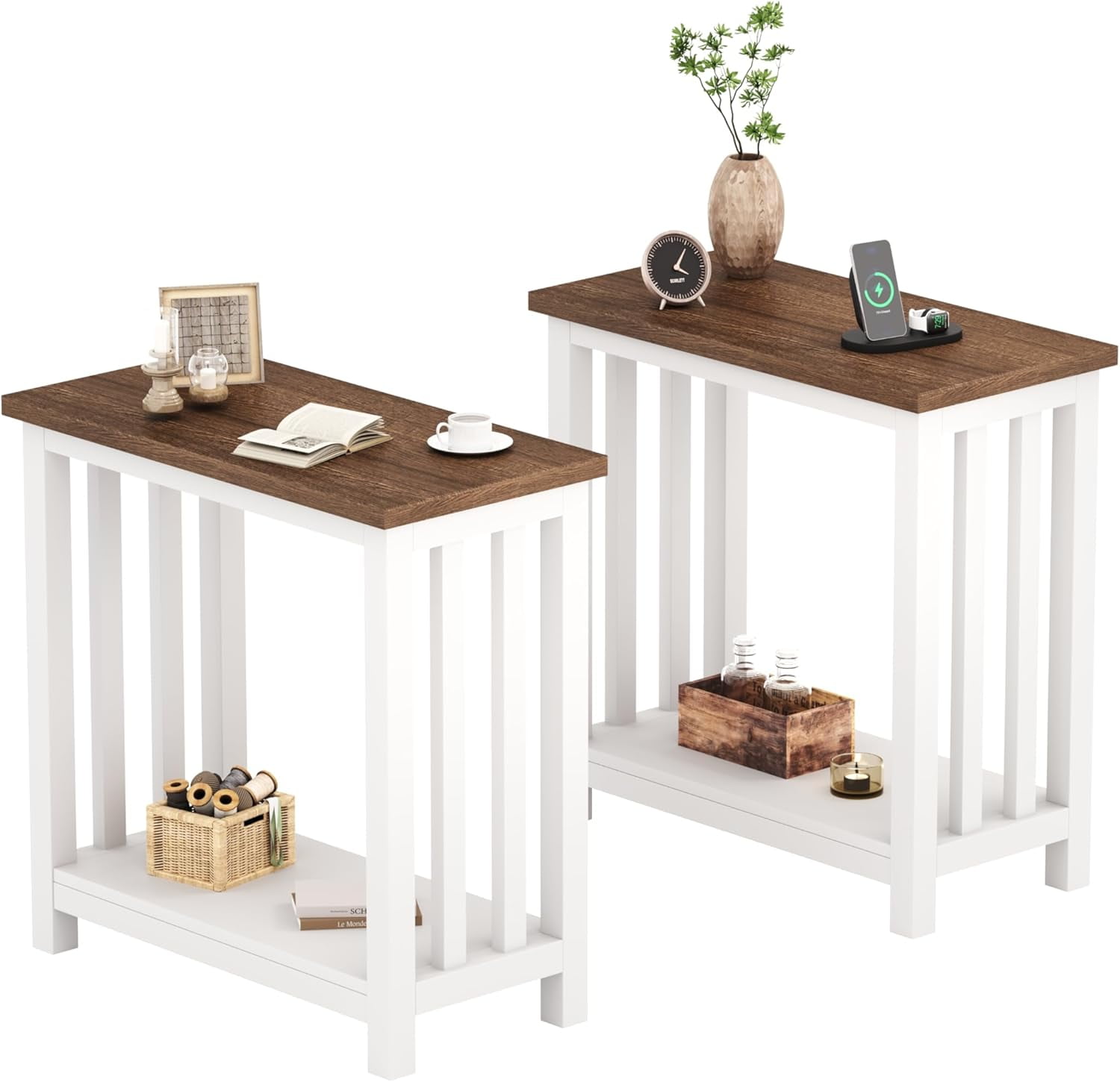 Farmhouse End Tables Set of 2, Narrow Side Tables for Small Spaces ...