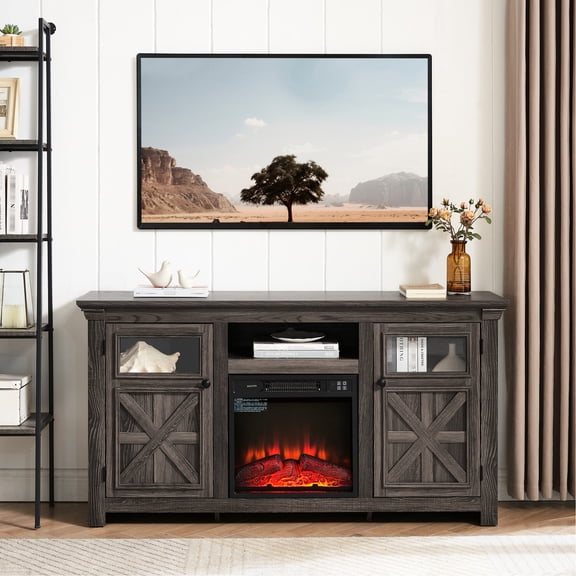 Farmhouse Entertainment Center with Fireplace | Adjustable Shelves for Flexible Storage | MDF Material with Antique Hardware | Solves Cable and Storage Disorganization