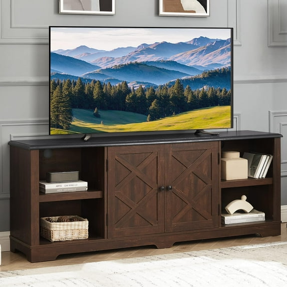 Farmhouse Entertainment Center for TVs Up to 80 inch, 70" W TV Stand with Open Shelves and Barn Doors, Large Home TV Console Table for Living Room (Brown)