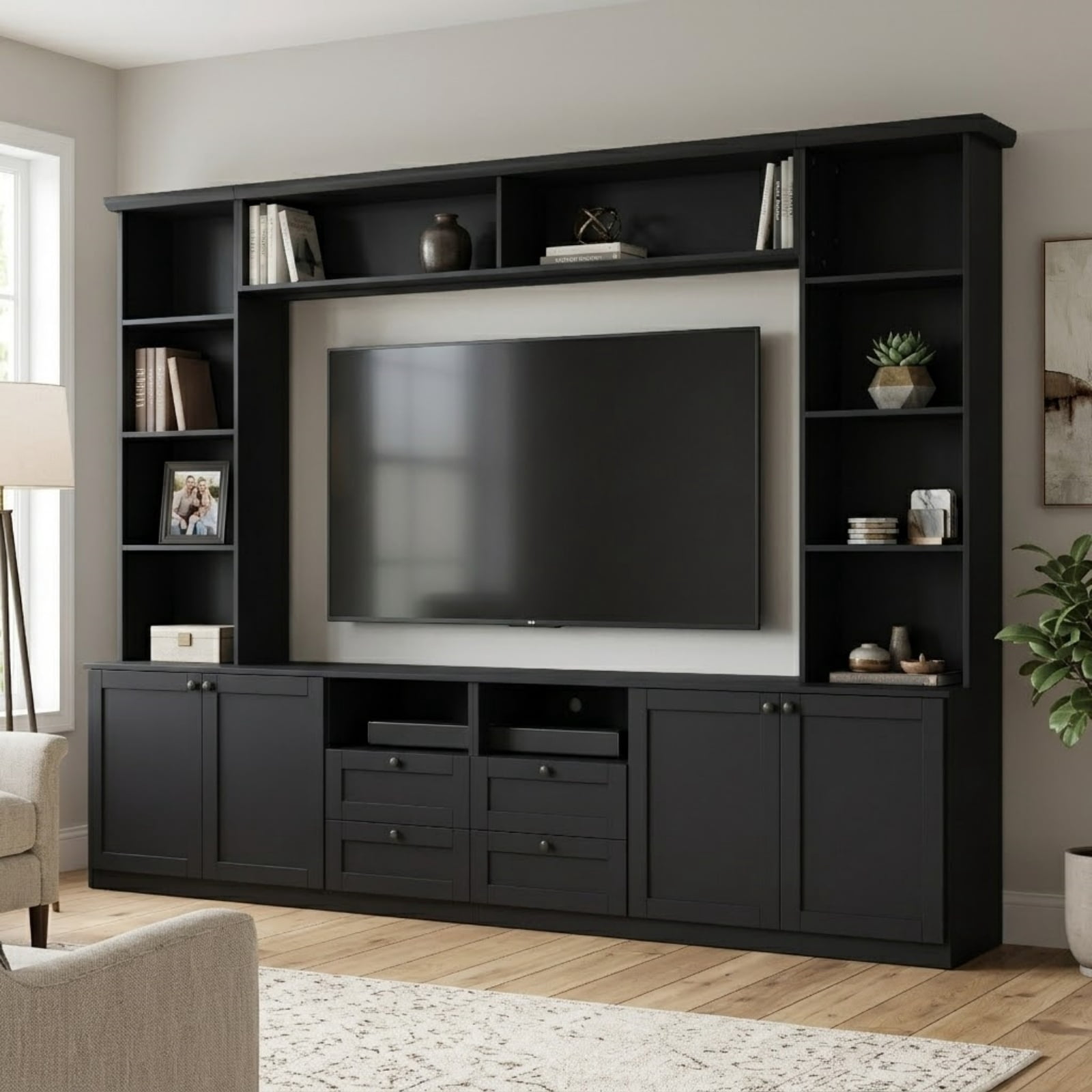 Farmhouse Entertainment Center Wall Unit with Bridge, 4 Drawers, Adjustable Shelves, Modern TV Stand for TVs Up to 70", Modern Media Console Cabinet with Storage for Living Room