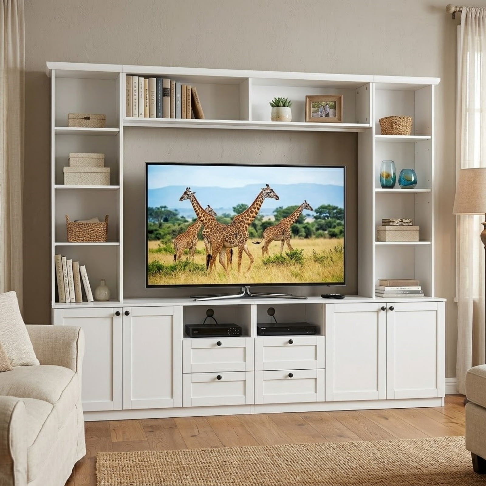 Farmhouse Entertainment Center Wall Unit with Bridge, 4 Drawers, Adjustable Shelves, Modern TV Stand for TVs Up to 70", Modern Media Console Cabinet with Storage for Living Room