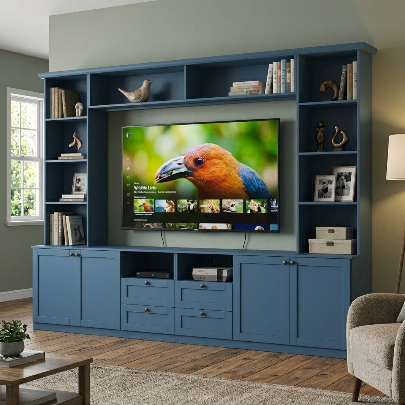 Farmhouse Entertainment Center Wall Unit with Bridge, 4 Drawers, Adjustable Shelves, Modern TV Stand for TVs Up to 70", Modern Media Console Cabinet with Storage for Living Room