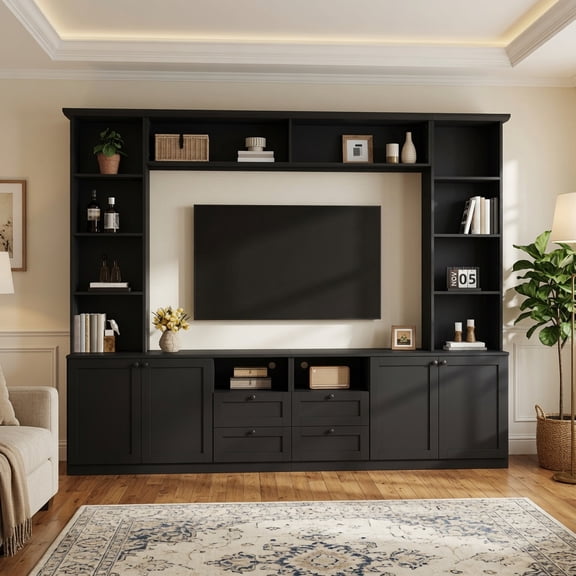 Farmhouse Entertainment Center Wall Unit for 70" TV, Built-in TV Stand w/ Bridge & 4 Drawers, Media Console, Black