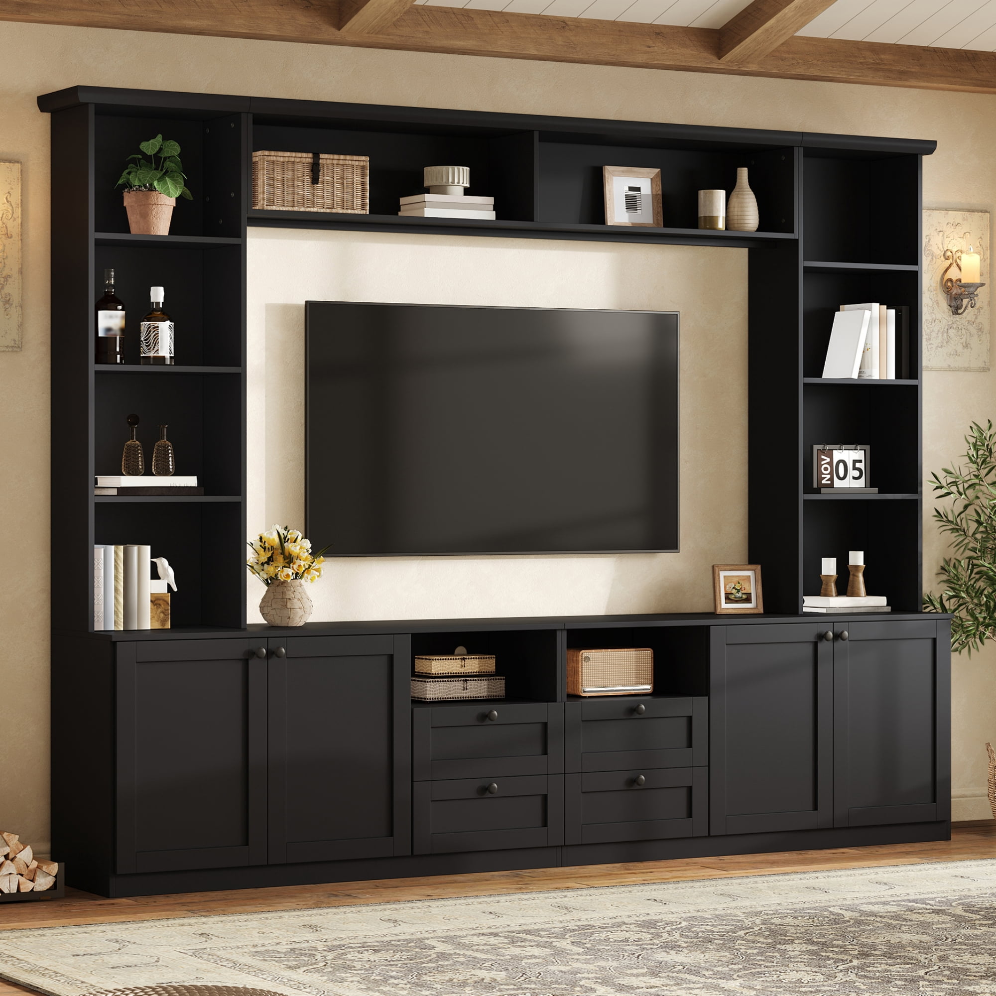 Farmhouse Entertainment Center Wall Unit with Drawers & Adjustable Shelves, TV Stand Media Console with Bridge for TVs Up to 70"