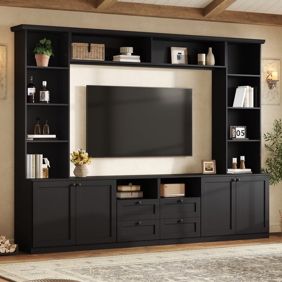 Farmhouse Entertainment Center Wall Unit with Drawers & Adjustable Shelves, TV Stand Media Console with Bridge for TVs Up to 70"