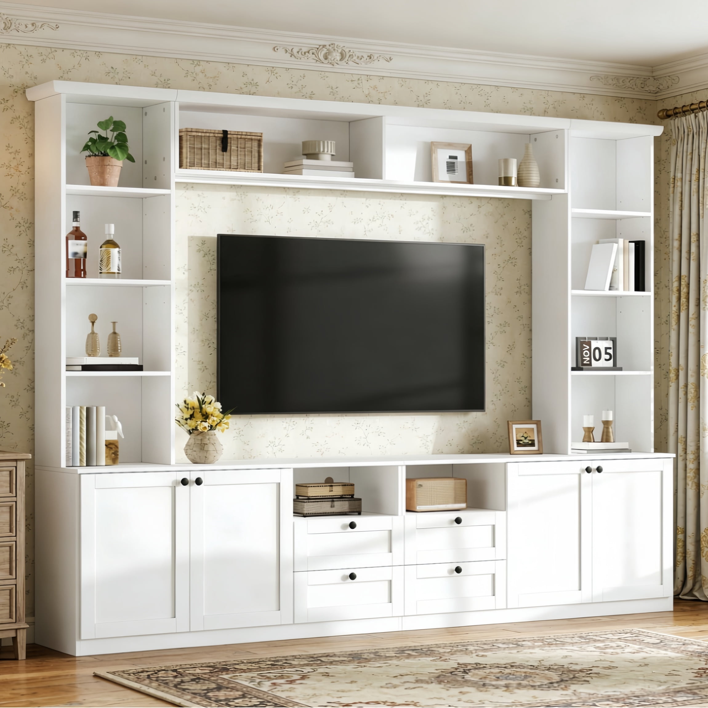 Farmhouse Entertainment Center Wall Unit with Drawers & Adjustable Shelves, TV Stand Media Console with Bridge for TVs Up to 70"