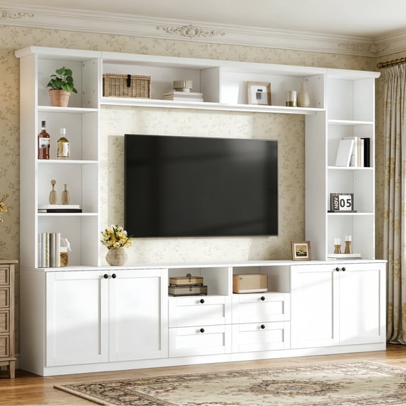 Farmhouse Entertainment Center Wall Unit with Drawers & Adjustable Shelves, TV Stand Media Console with Bridge for TVs Up to 70"