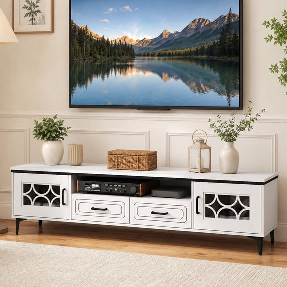 Farmhouse Entertainment Center with 2 Drawers& 2 Doors, TV Stand for TVs up to 80 Inch for Living Room,White