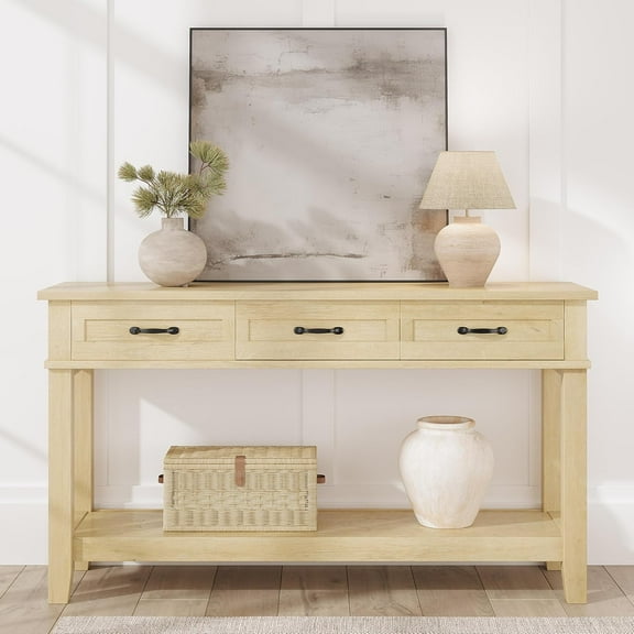 Farmhouse Entryway Console，3-Tier Table with 3 Storage Drawers -  Console for Hallway & Living Room-Light Oak