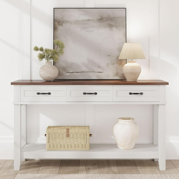 Farmhouse Entryway Console，3-Tier Table with 3 Storage Drawers -  Console for Hallway & Living Room-White