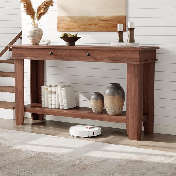 Farmhouse Entryway Console Table with Storage – 54" Wooden Sofa Table, 2 Drawers & 2 Open Shelves – Rustic Brown, Gray or Brown & White Finish – Durable, Stylish Storage for Living Room, Hallway