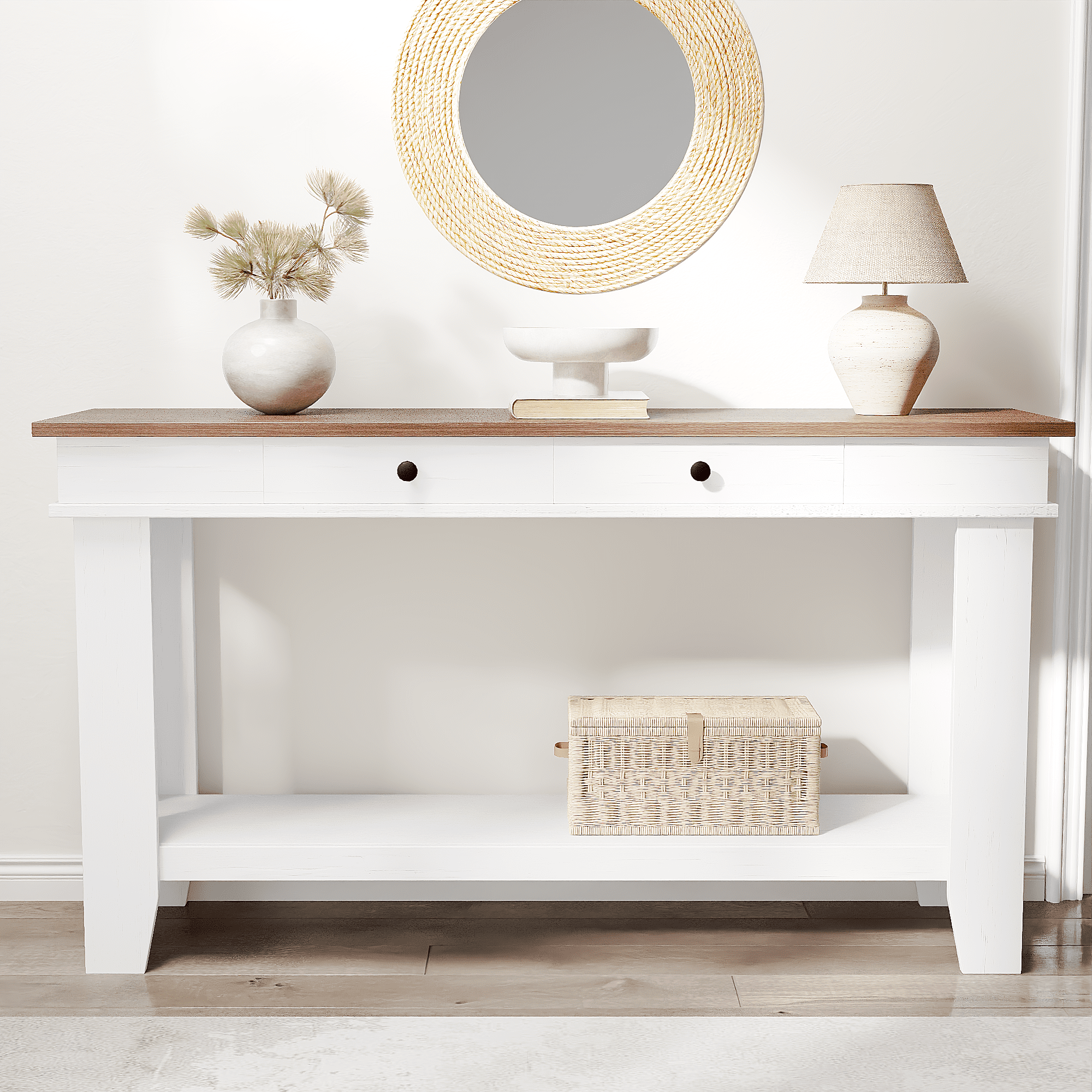 Farmhouse Entryway Console Table with Storage – 54" Wooden Sofa Table, 2 Drawers & 2 Open Shelves – Rustic Brown, Gray or Brown & White Finish – Durable, Stylish Storage for Living Room, Hallway