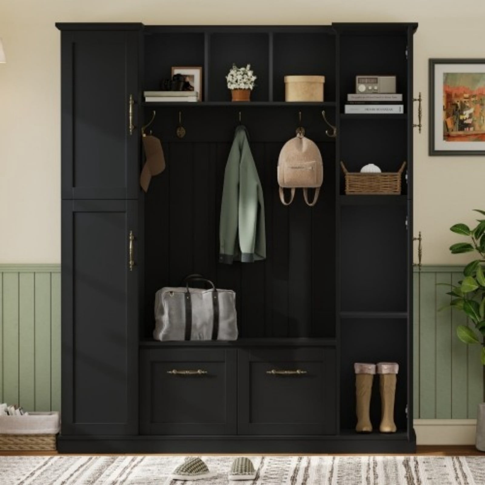 Farmhouse Entryway Hall Tree with Bench, All-in-One Mudroom Storage Cabinet with 4 Side Cabinets, Adjustable Shelves, Open Cubbies & 5 Hooks, Beadboard Coat Rack for Hallway, Black