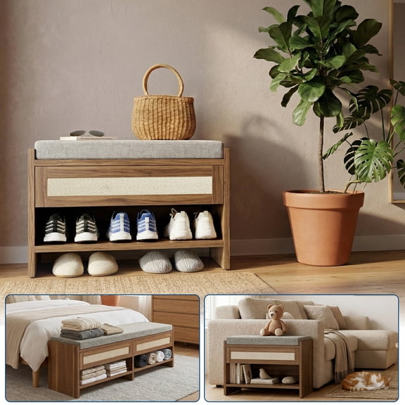 Farmhouse Entryway Shoe Storage Bench, 31 Inch Wood Bench with Linen Cushion Seat, Drawer & Open Shelf Shoe Rack for Hallway Bedroom Living Room - Caramel Oak