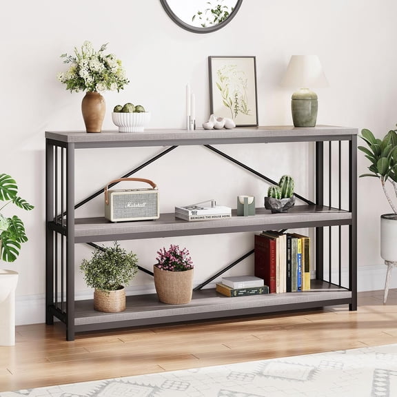 Farmhouse Entryway Table, Metal Wood Console Table for Hallway, Industrial Rustic Sofa Table with 3-Tier Storage Shelf, Modern Entry Table for Foyer Front Home Living Room, Light Grey Oak, 47 inch