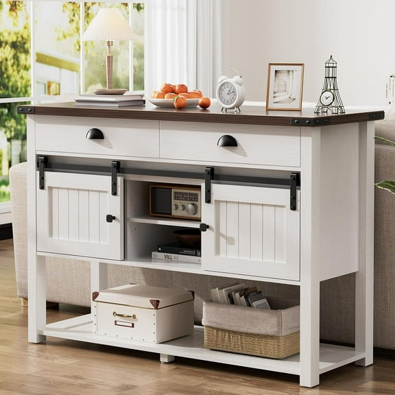 Farmhouse Entryway Table with Sliding Barn Doors & 2 Drawers,Rustic Console Table for Living Room, Hallway, Foyer,Sofa Table with Adjustable Shelf & Open Storage, Industrial Design
