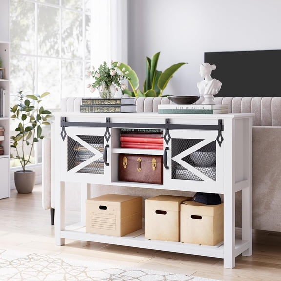 Farmhouse Entryway Table with Sliding Barn Doors, Hallway, Industrial Rustic Console Tables with Storage and Open Shelf, White, Sofa Table for Entry Way