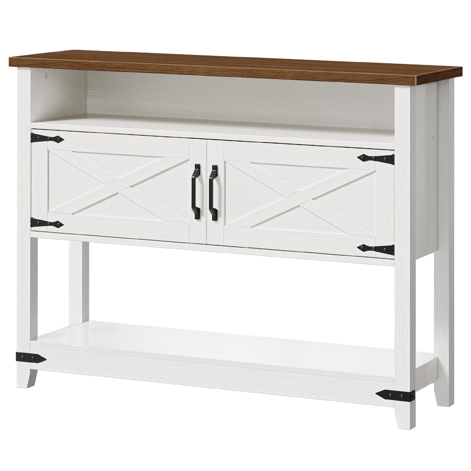 Farmhouse Entryway Table with Storage, 47.2" Long Console Table for Entryway, White Sofa Table with Doors and Cabinets, Narrow Sofa Table Behind Couch, for Hallway, Foyer, White and Walnut WH12XG01