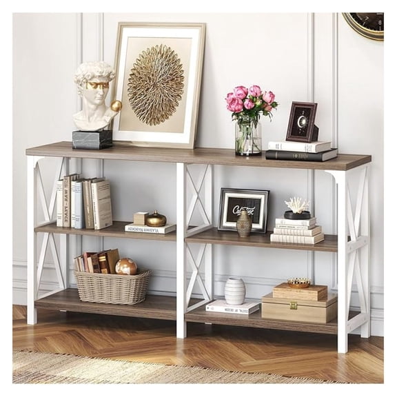 Farmhouse Entryway Table, Wood TV Console Table, Long Rustic Metal Sofa Table, Industrial Hallway Table with Storage Shelves, Modern Foyer Tables for Front Entry Way, White and Rustic Oak, 55 in