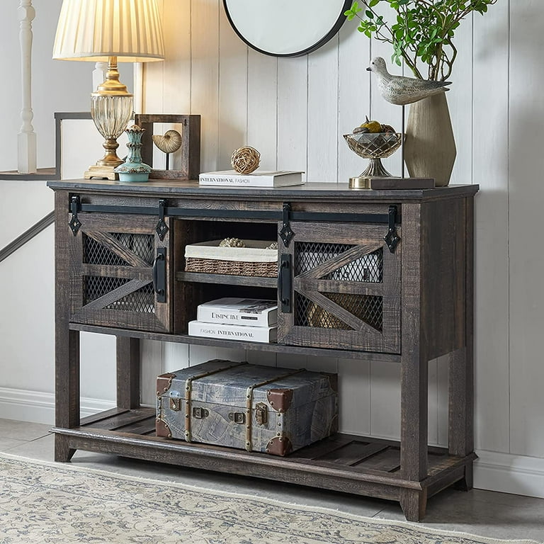 Farmhouse Entryway Table w Sliding Barn Doors Console Table with Storage Dark Rustic Oak
