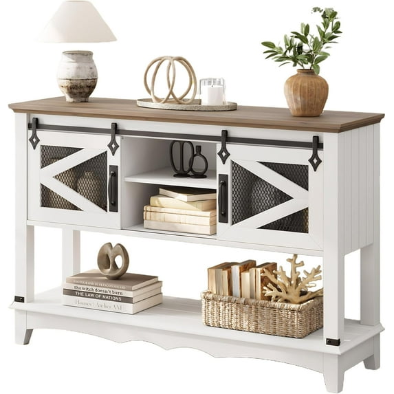 Farmhouse Entryway Table with Storage, White Console Table with Sliding Barn Doors, Sofa Table with Cabinet, Console Table for Entryway & Living Room