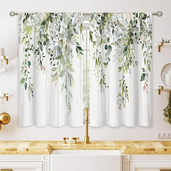 Farmhouse Eucalyptus Botanical Small Kitchen Curtains Rustic Leaves Window Treatment Wooden Floral Sage Mint Green Cafe Short Curtains for Bathroom Dining Tier Treatment Drapes 27.5x39 inch