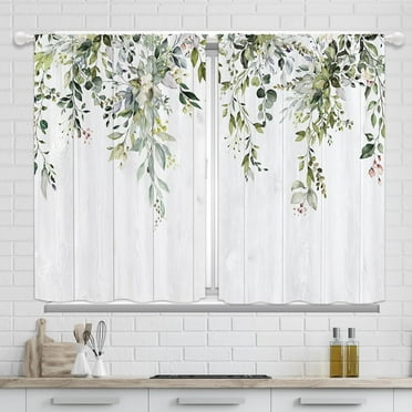Farmhouse Eucalyptus Kitchen Curtains 36 Inch Length 2 Panels Set Rustic Boho Green Floral Flower Short Small Curtains Wooden Country Bathroom Curtain for Kitchen Window Treatment Drapes