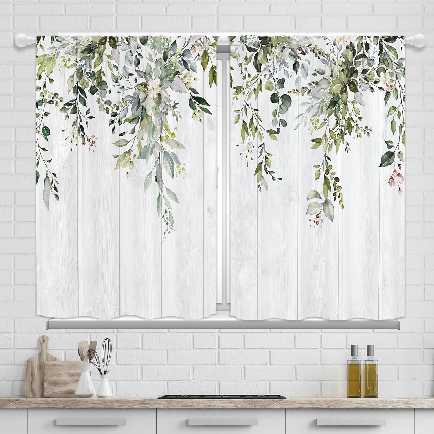 Farmhouse Eucalyptus Kitchen Curtains 36 Inch Length 2 Panels Set Rustic Boho Green Floral Flower Short Small Curtains Wooden Country Bathroom Curtain for Kitchen Window Treatment Drapes