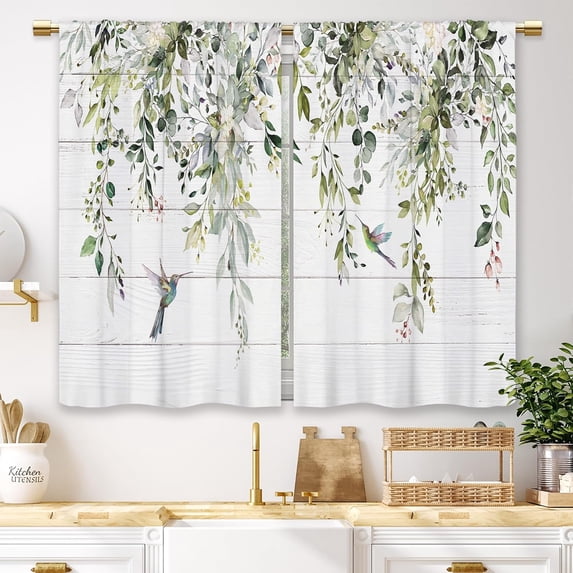 Farmhouse Eucalyptus Kitchen Curtains Boho Rustic Foral Flower Botanical Green Leaf Small Short Cafe Window Curtains Plant Bathroom Window Drapes Treatment Tier Curtains (26x36 Inch)