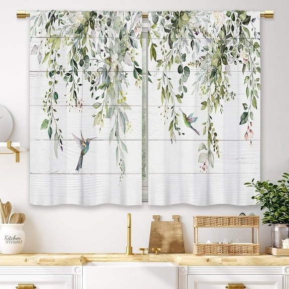 Farmhouse Eucalyptus Kitchen Curtains Boho Rustic Foral Flower Botanical Sage Green Leaf Small Short Cafe Window Curtains Plant Bathroom Window Drapes Treatment Tier Curtains (27.5x39 Inch)