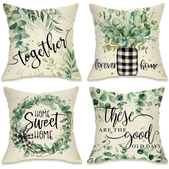 Farmhouse Eucalyptus Leaves Decorative Throw Pillow Cover 16 x 16 Set of 4, Buffalo Plaid Home Sweet Home Wreath Mason Jar Porch Outdoor Pillowcase, Spring Summer Couch Cushion Case Decor