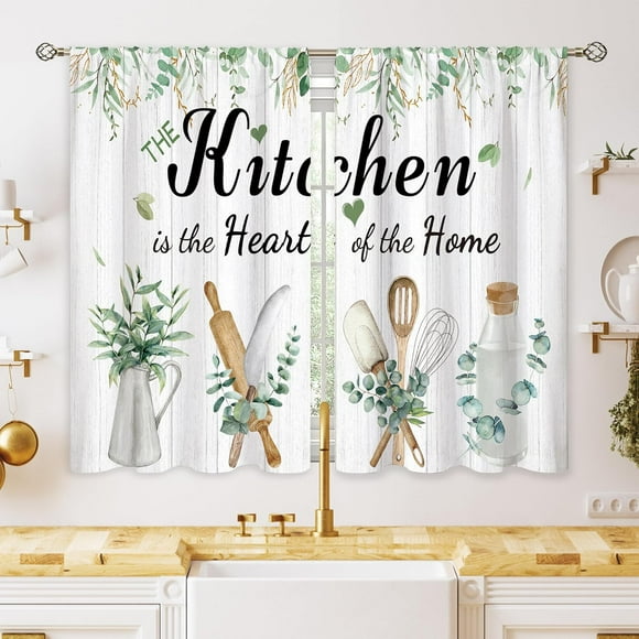 Farmhouse Eucalyptus Leaves Small Kitchen Curtains Rustic Window Treatment Country Botanical Plant Cafe Short Curtains for Bathroom Dining Laundry Room Wooden Tier Treatment Drape 27.5x39 inch