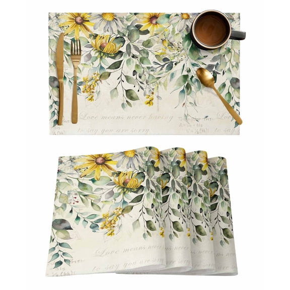 Farmhouse Eucalyptus Placemats Set of 8 Leaves Yellow Daisy Botanical Retro Heat Insulation Washable Place Mats, Rustic Non-Slip Table Mats for Dining Table Party Kitchen Decor,13x19 Inch