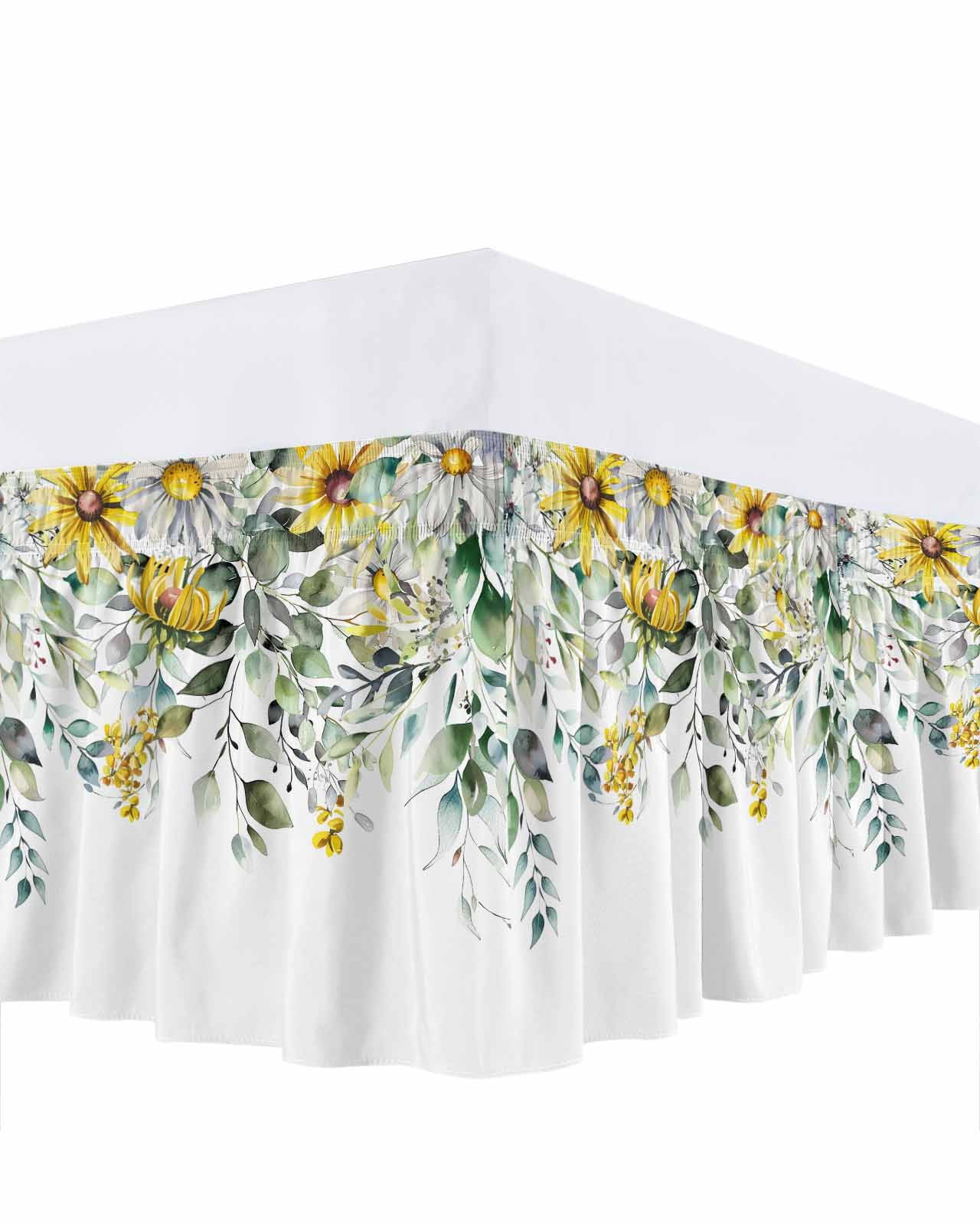 Farmhouse Eucalyptus Ruffle Bed Skirt Queen Size Leaves Yellow Daisy Botanical Adjustable Elastic Dust Bed Skirts Wrap Around Bedskirt Wrinkle Free Easy Fit with 16 Inch Drop