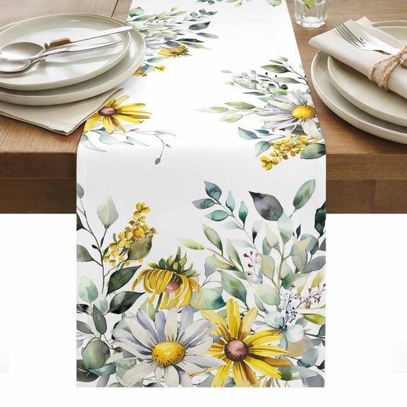 Farmhouse Eucalyptus Table Runner 13 x 36 Inch, Leaves Yellow Daisy Botanical Washable Cotton Linen Dining Table Runner Tabletop Decorations for Restaurant Home Kitchen Party
