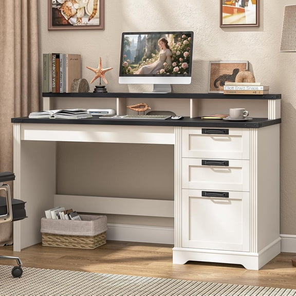 Farmhouse Executive Desk with 3 Drawers, Computer Desk with File Drawer for A4 Sized Hanging Files, Home Office Desk for Living Room Study, Rustic White and Black