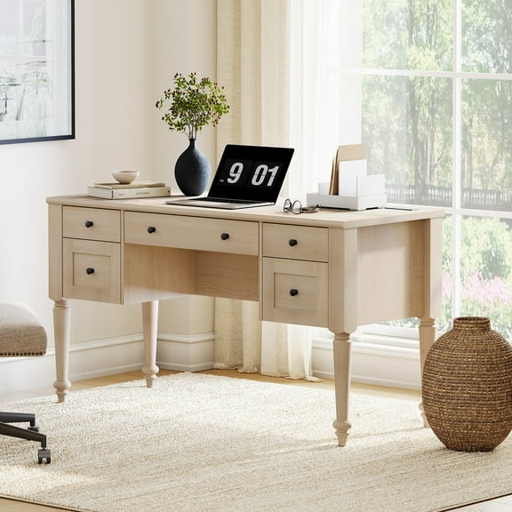 Farmhouse Executive Desk with 5 Drawers, Home Office Desk with Charging Station, Wood Computer Desk with File Cabinet Storage, Door, Open Shelf for Work and Study, 55 inch, Beige
