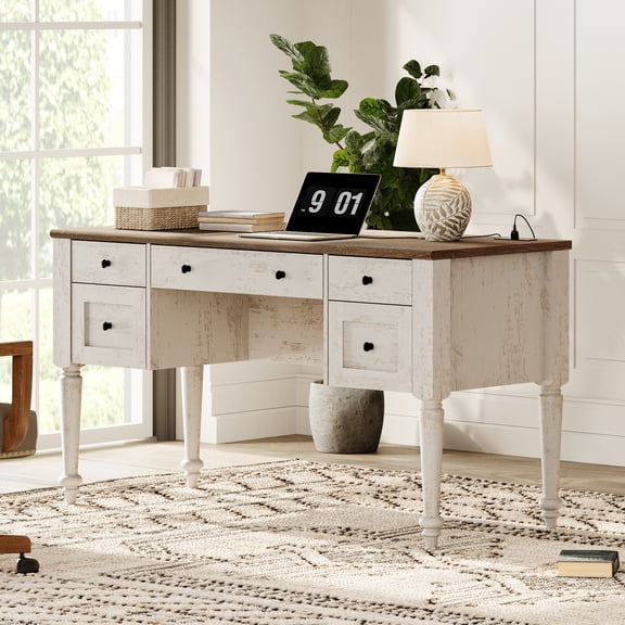 Farmhouse Executive Desk with Drawers, Office Desk with Power Outlet and 5 Drawers, Wood Computer Desk with Charging Function, File Drawer, Writing Desk for Home Office, Work, Study Room,Rustic White