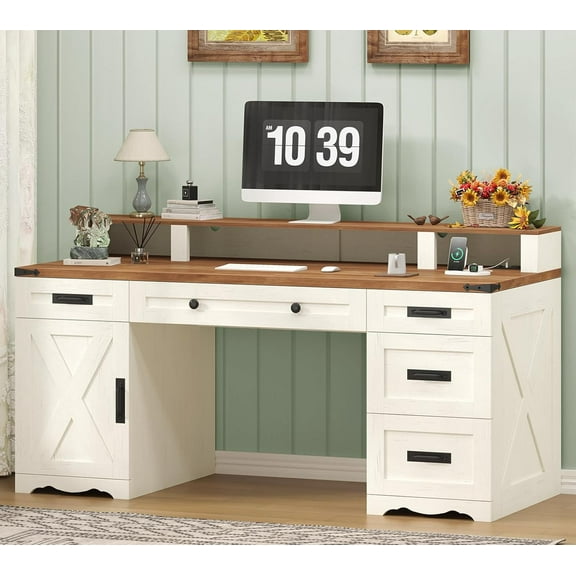 Farmhouse Executive Desk with Drawers & Storage Shelves, 55" Computer Desk with Power Outlets, Home Office Desk with Monitor Stand & File Drawers, Writing Study Table, Antique White